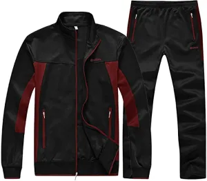 New BGOWATU Men's Tracksuits 2 Piece Running Jackets Athletic Pants Sports Suit with Zipper Pockets, Wine Red/Black, Sz S!