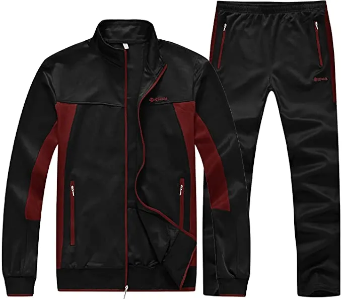 New BGOWATU Men's Tracksuits 2 Piece Running Jackets Athletic Pants Sports Suit with Zipper Pockets, Wine Red/Black, Sz S!