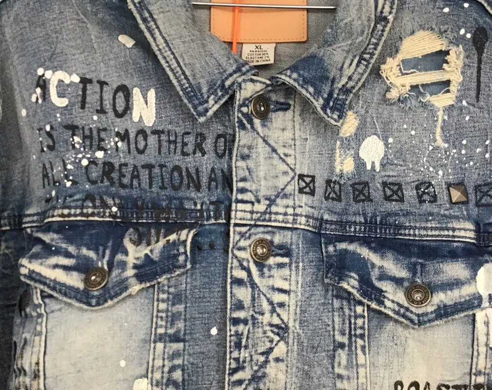 NWT Smoke Rise Denim Co. Men's Blue Graphic Print Trucker Jacket - Size XL