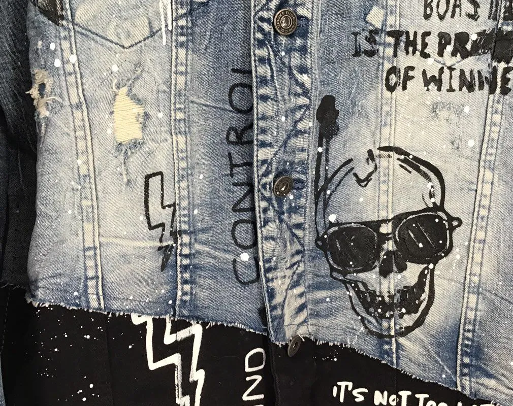 NWT Smoke Rise Denim Co. Men's Blue Graphic Print Trucker Jacket - Size XL