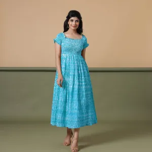 Ocean Blue Shibori Tie-Dye Cotton Gathered Maxi Dress