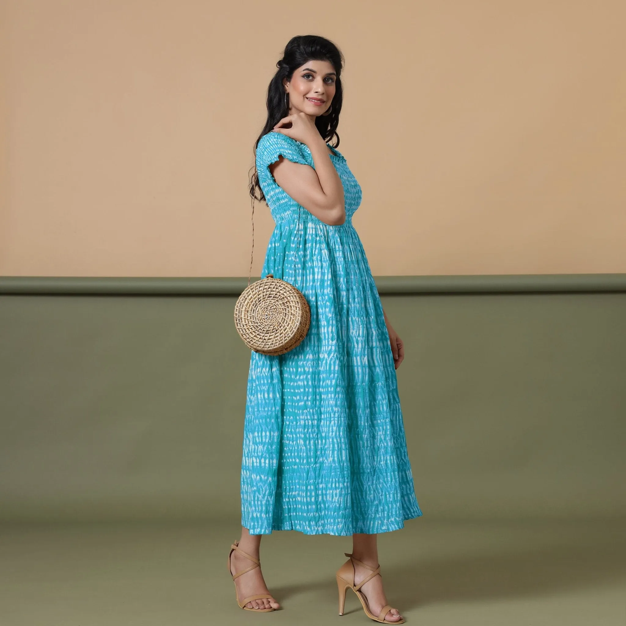 Ocean Blue Shibori Tie-Dye Cotton Gathered Maxi Dress