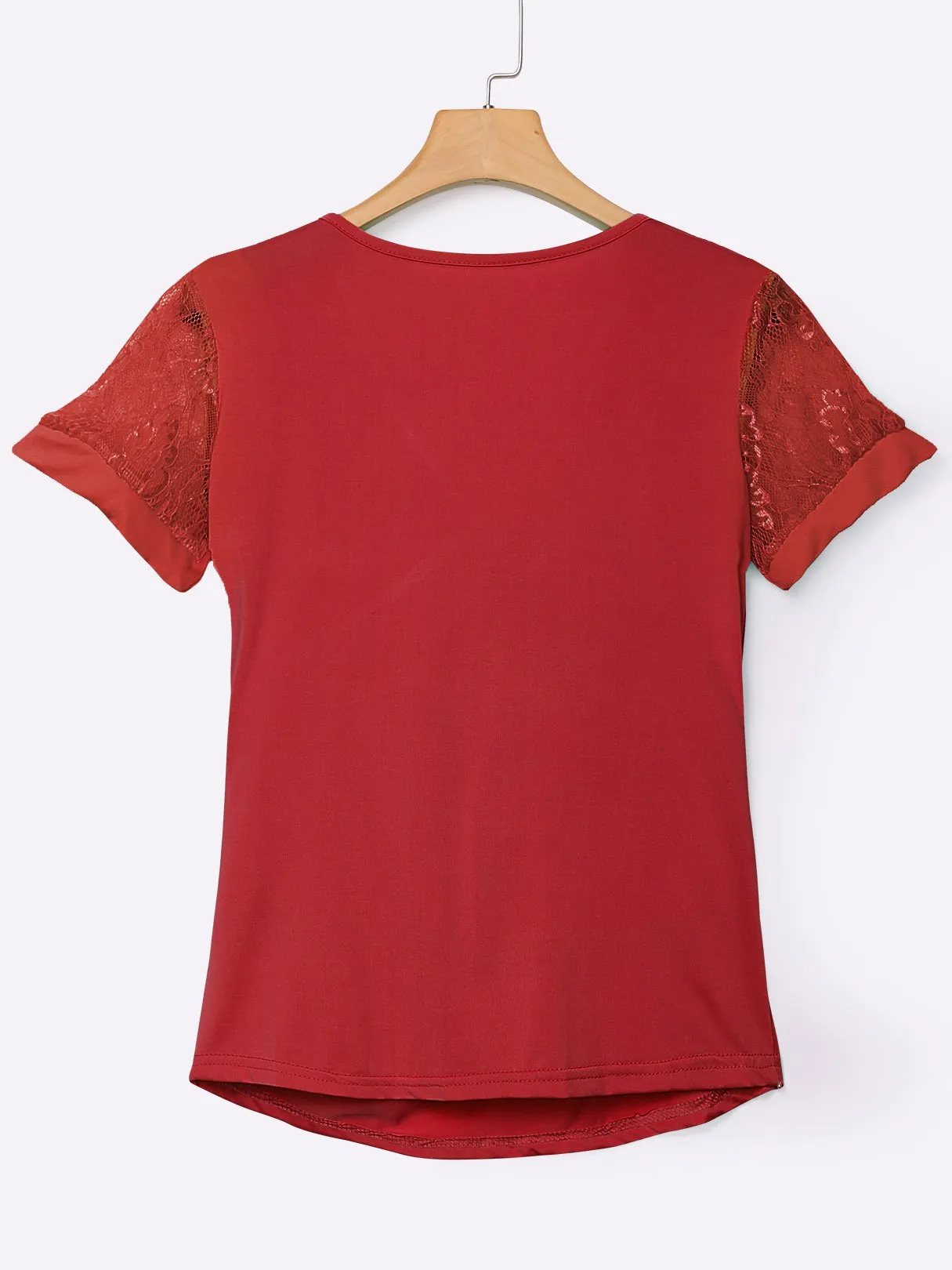 OEM ODM Deep V-Neck Lace Short Sleeve Bodycon Hem Red T-Shirts