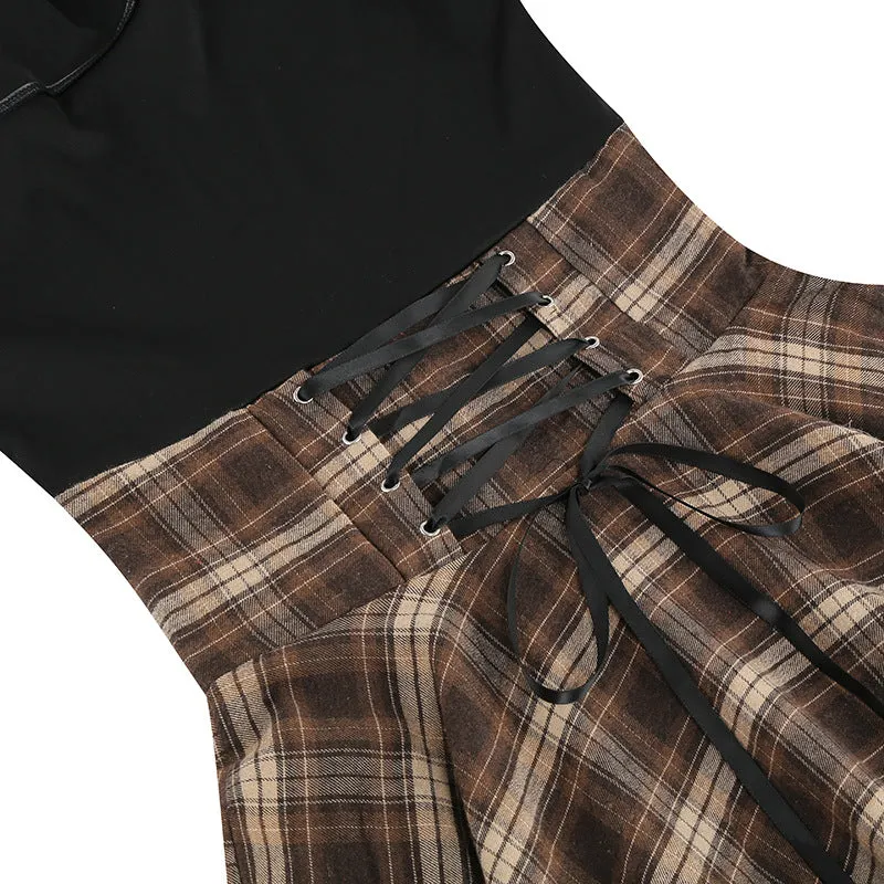 Off-the-shoulder Waist Retro Punk Dress Irregular Plaid Long-sleeved Splicing Dress