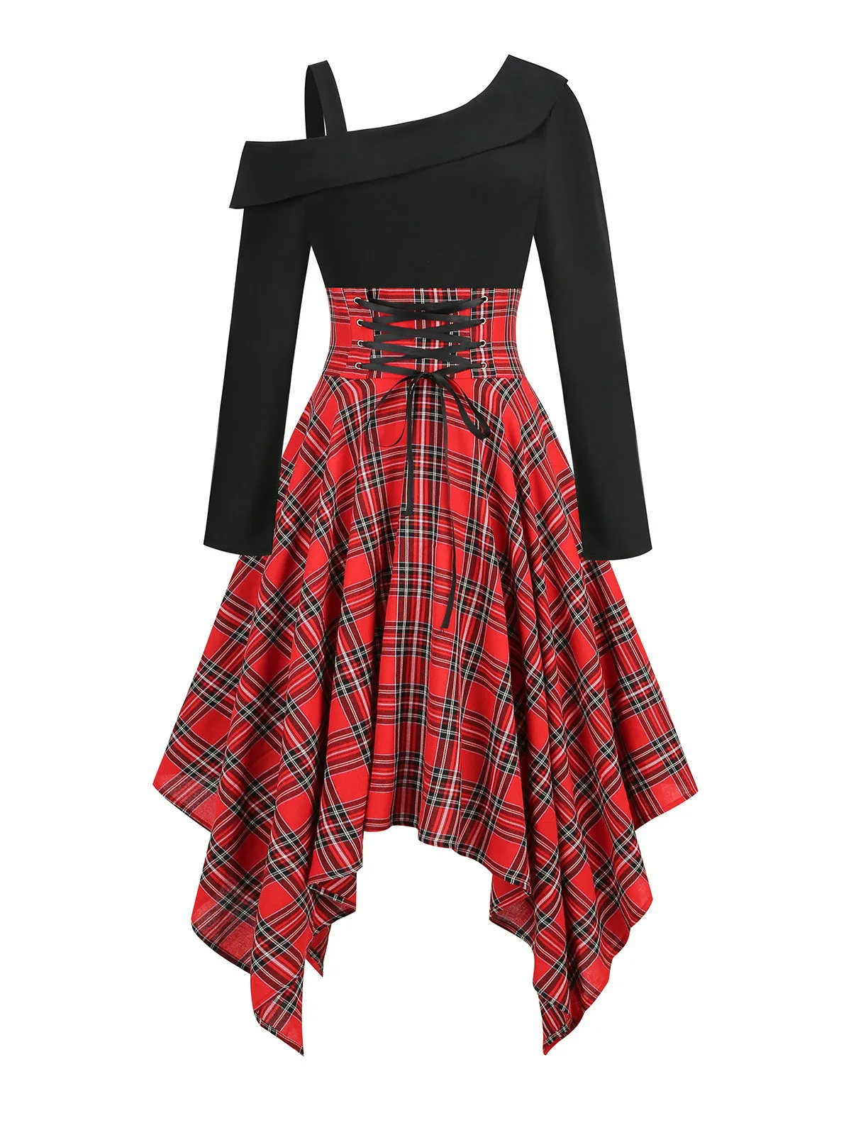 Off-the-shoulder Waist Retro Punk Dress Irregular Plaid Long-sleeved Splicing Dress