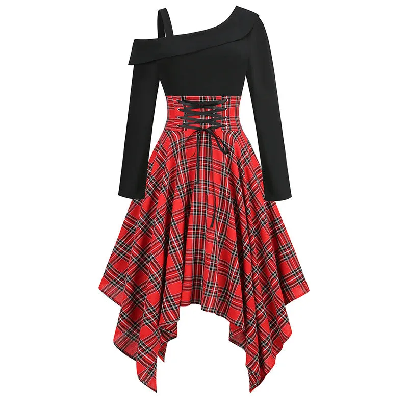 Off-the-shoulder Waist Retro Punk Dress Irregular Plaid Long-sleeved Splicing Dress