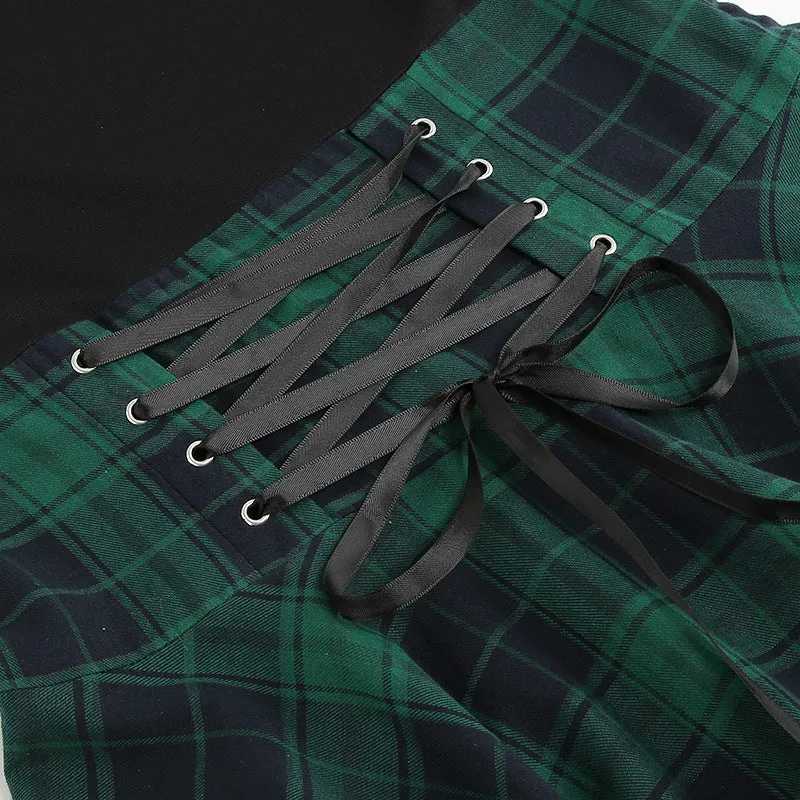 Off-the-shoulder Waist Retro Punk Dress Irregular Plaid Long-sleeved Splicing Dress