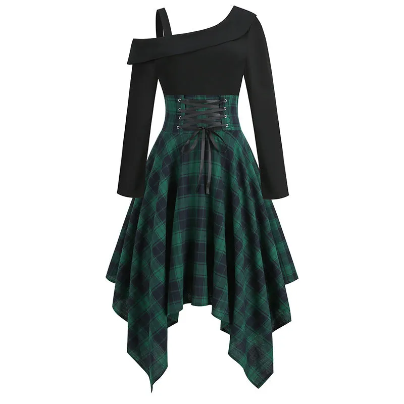 Off-the-shoulder Waist Retro Punk Dress Irregular Plaid Long-sleeved Splicing Dress