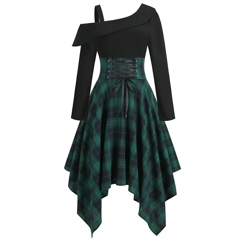 Off-the-shoulder Waist Retro Punk Dress Irregular Plaid Long-sleeved Splicing Dress