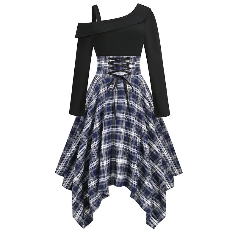 Off-the-shoulder Waist Retro Punk Dress Irregular Plaid Long-sleeved Splicing Dress