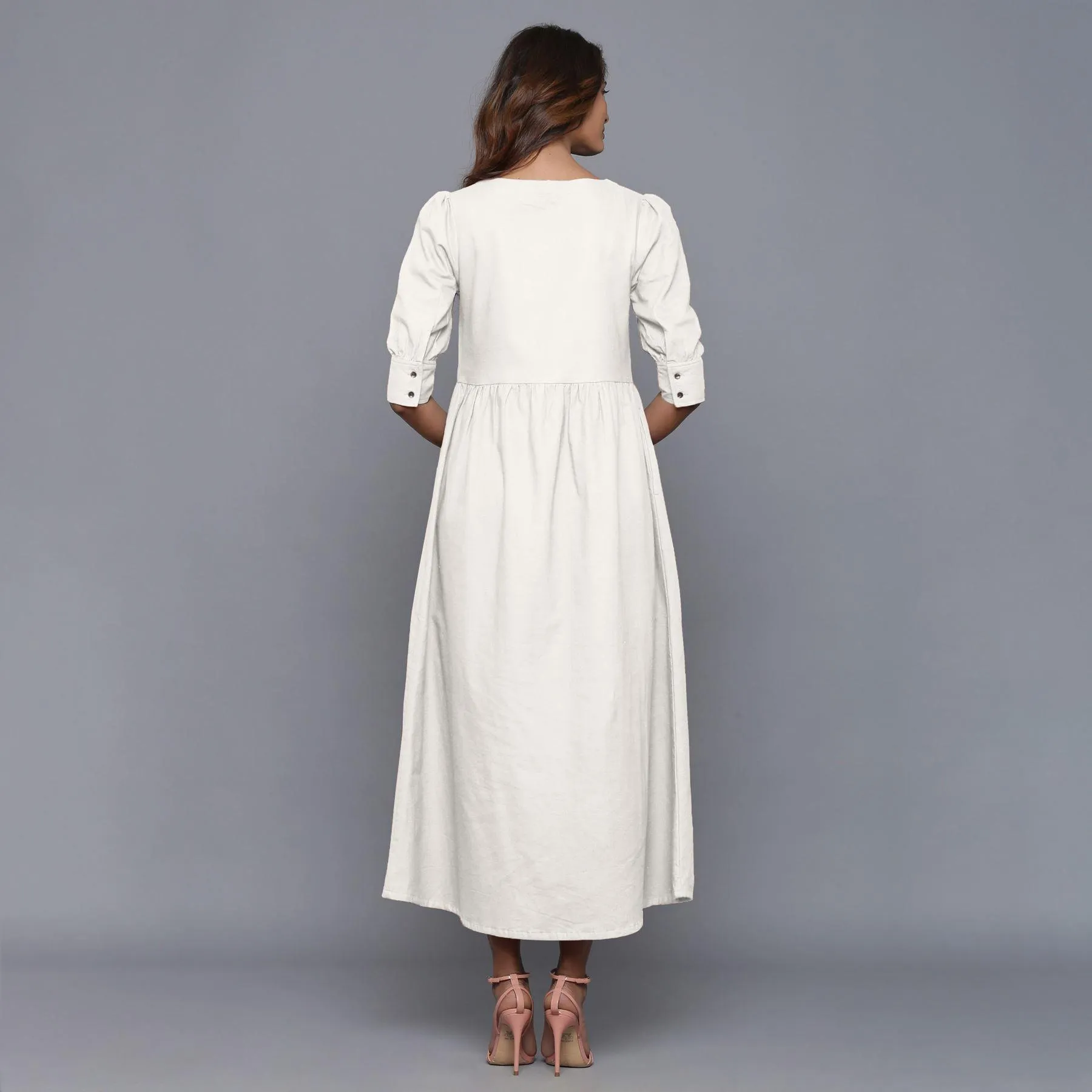 Off-White Warm Cotton Flannel Gathered Maxi Dress