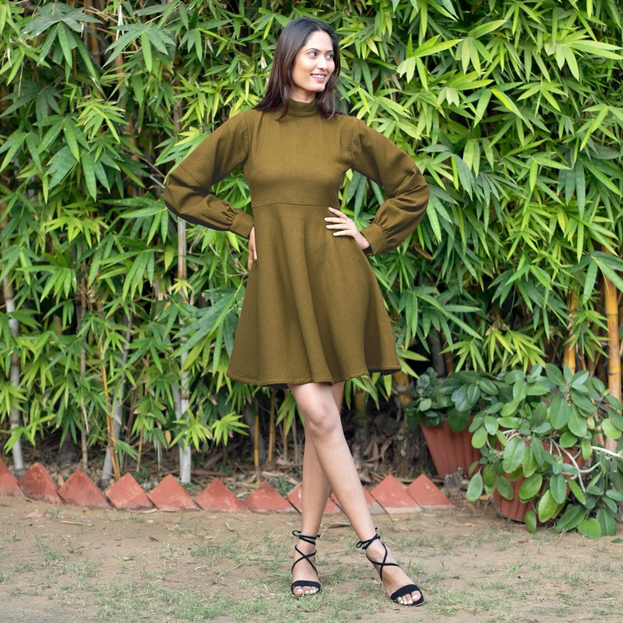 Olive Green Warm Cotton Waffle Fit and Flare Short Dress