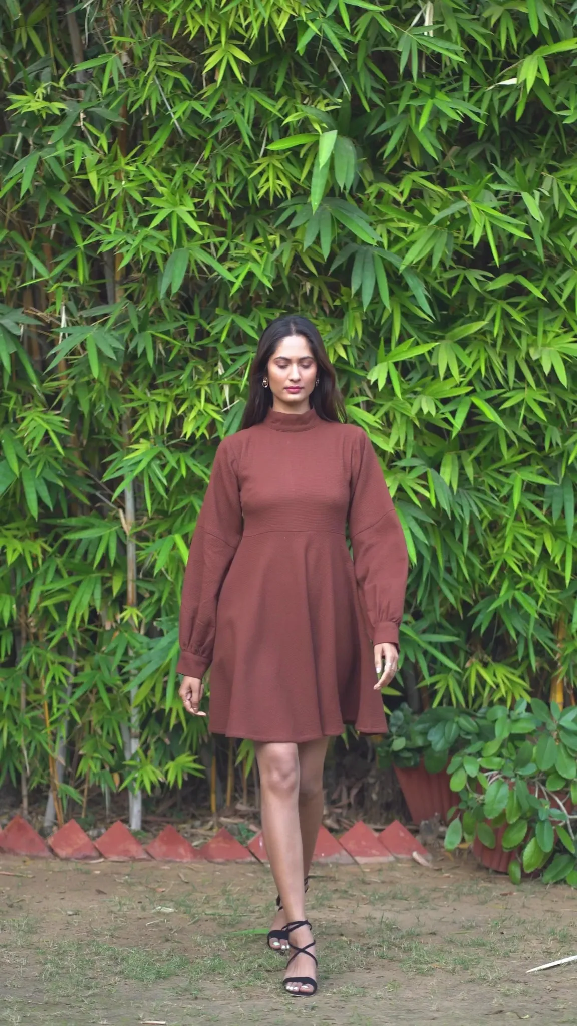 Olive Green Warm Cotton Waffle Fit and Flare Short Dress