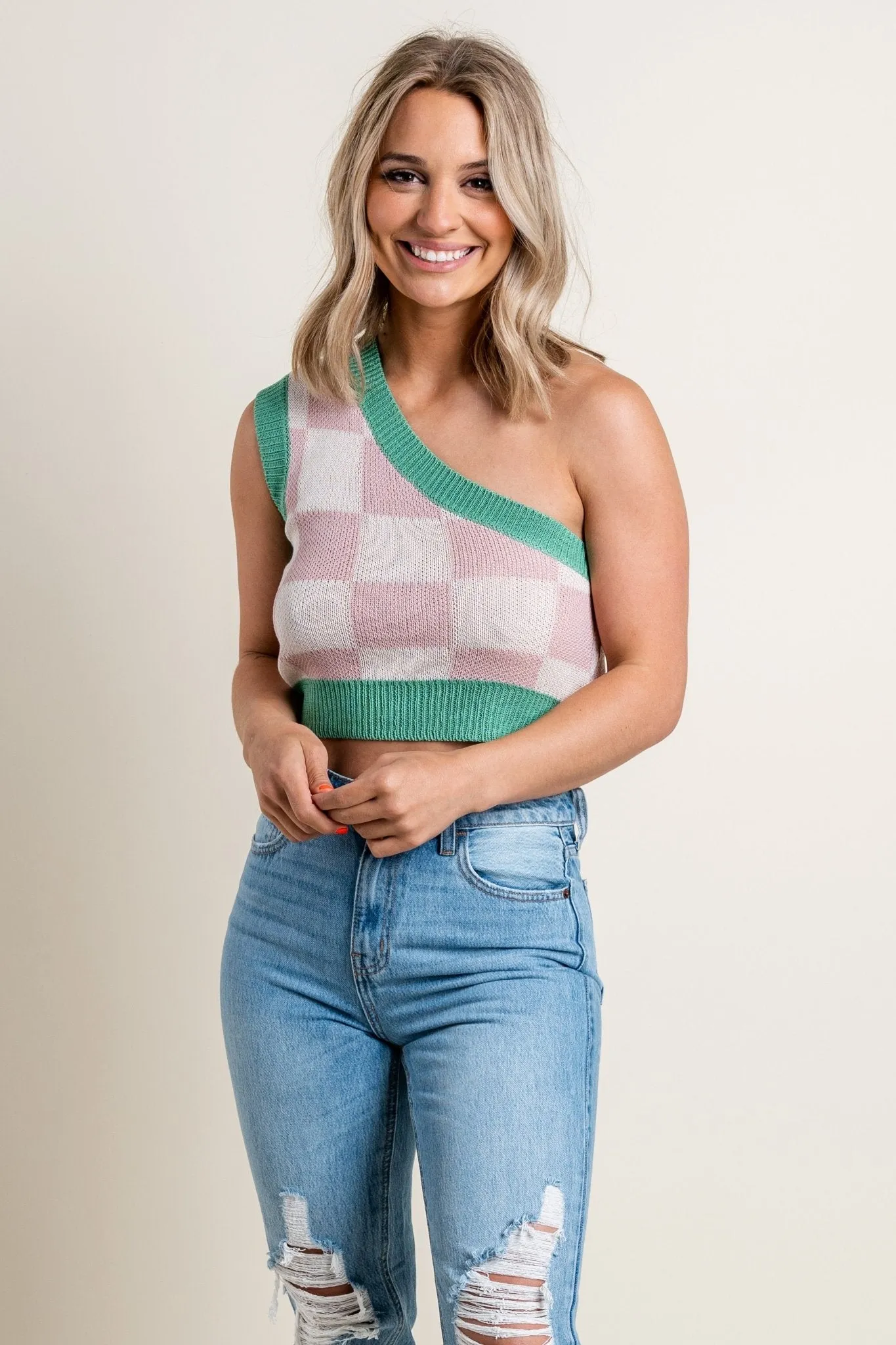 One shoulder checkered crop top blush/white
