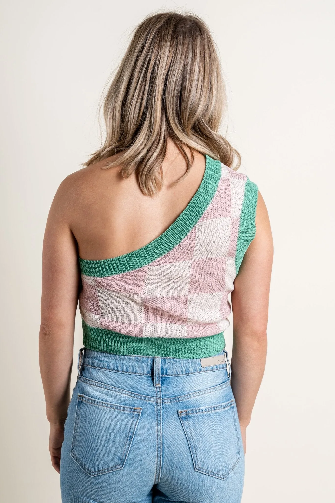 One shoulder checkered crop top blush/white