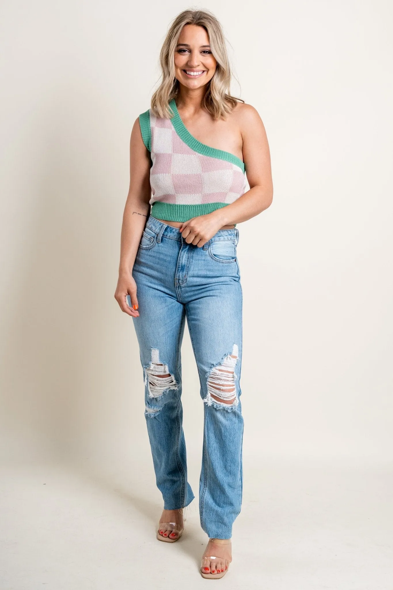 One shoulder checkered crop top blush/white