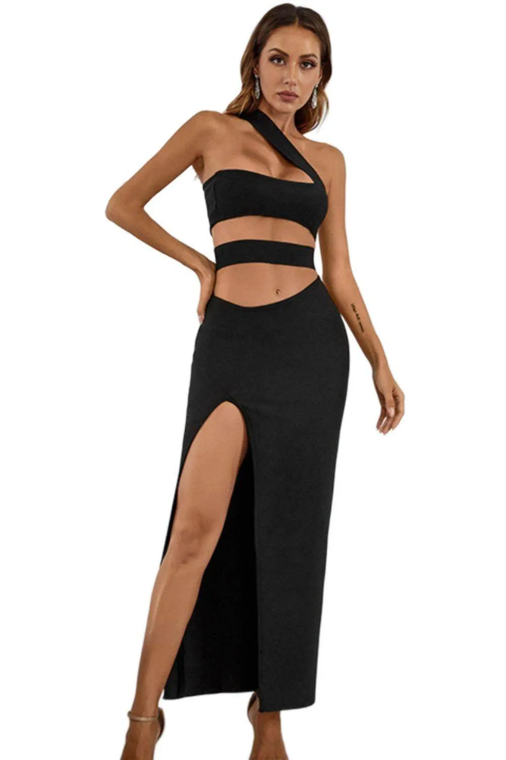 One-Shoulder Cutout Front Split Maxi Dress