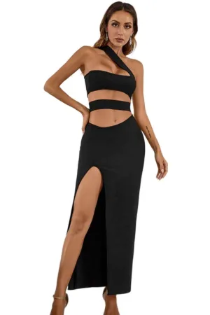 One-Shoulder Cutout Front Split Maxi Dress