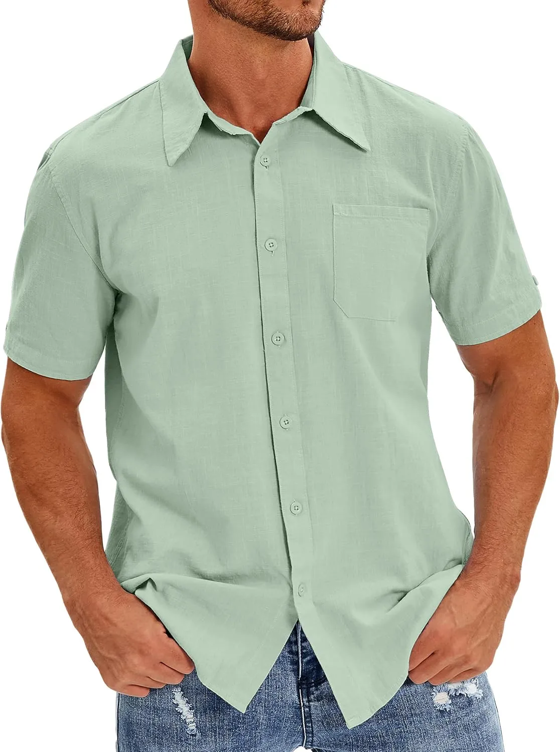 Oyamiki Mens Short Sleeve Regular-Fit Shirt Fishing Tees Linen Casual Button-Down Shirts