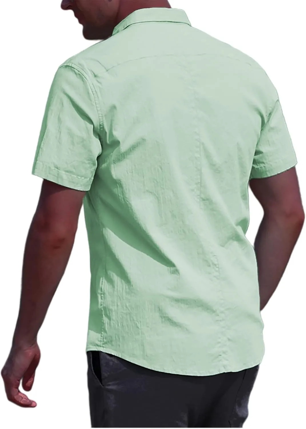 Oyamiki Mens Short Sleeve Regular-Fit Shirt Fishing Tees Linen Casual Button-Down Shirts