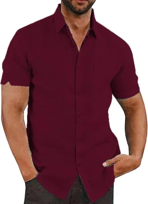 Oyamiki Mens Short Sleeve Regular-Fit Shirt Fishing Tees Linen Casual Button-Down Shirts