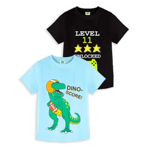 Pack of 2 Black-Level 11 & Sky Blue-Dino Score Print Cotton T-shirt