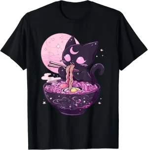 Pastel Goth Aesthetic Kawaii Creepy Cat Eating Ramen Noodles T-Shirt