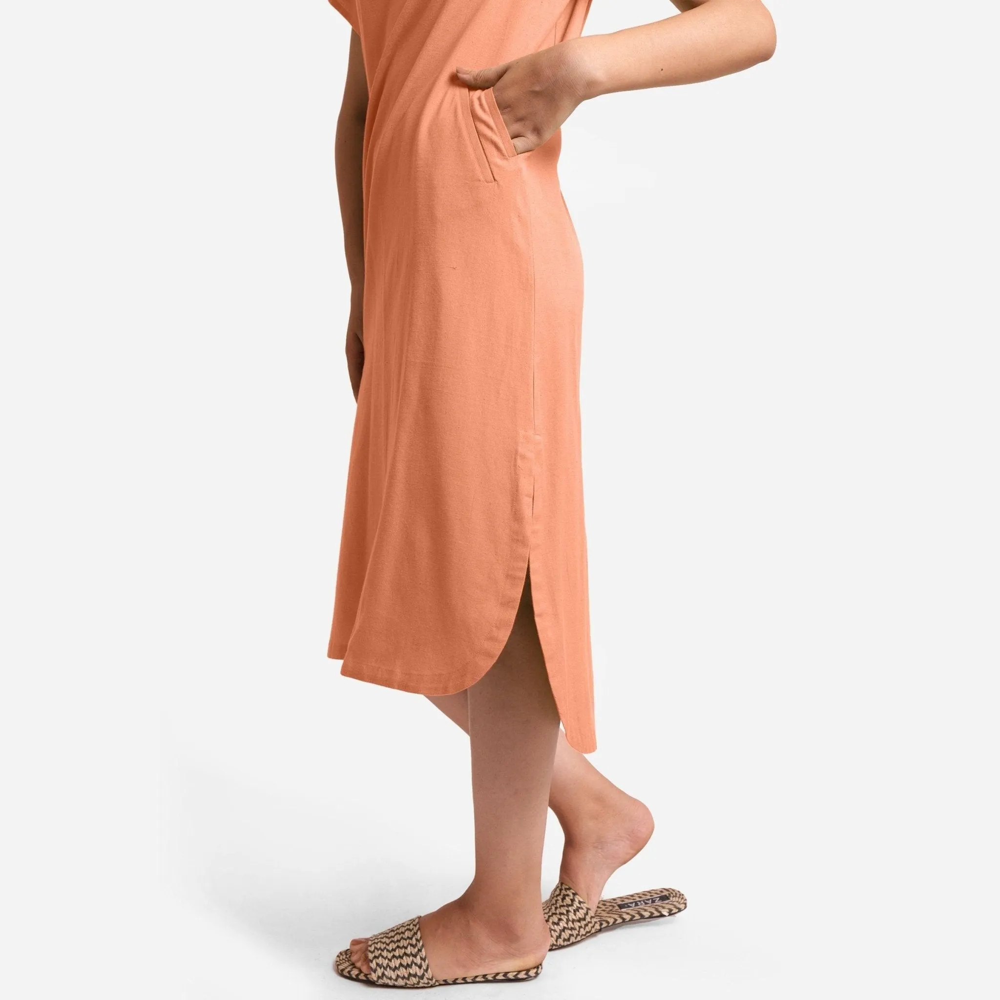 Peach Cotton Flax High-Low Midi Shift Dress