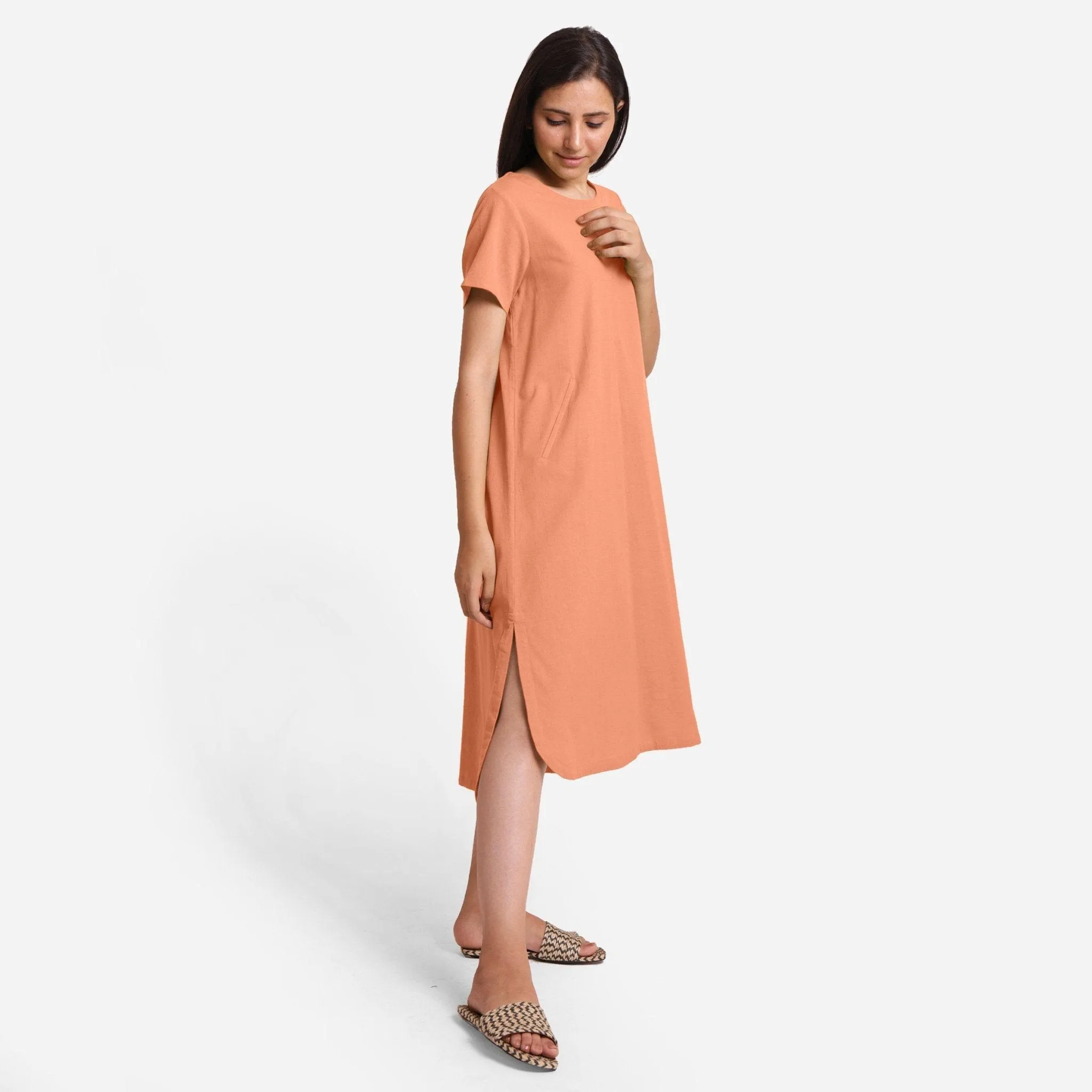 Peach Cotton Flax High-Low Midi Shift Dress