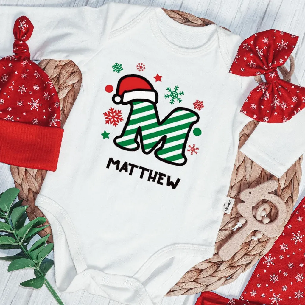 Personalized Christmas Baby Boy Onesies and Long Pants Set | Custom Infant Onesie Monogram Santa Hat Candy Cane Baby Name