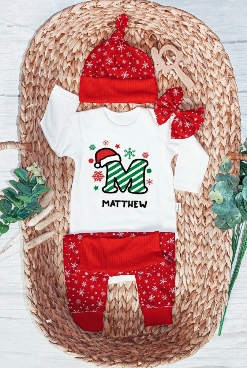 Personalized Christmas Baby Boy Onesies and Long Pants Set | Custom Infant Onesie Monogram Santa Hat Candy Cane Baby Name