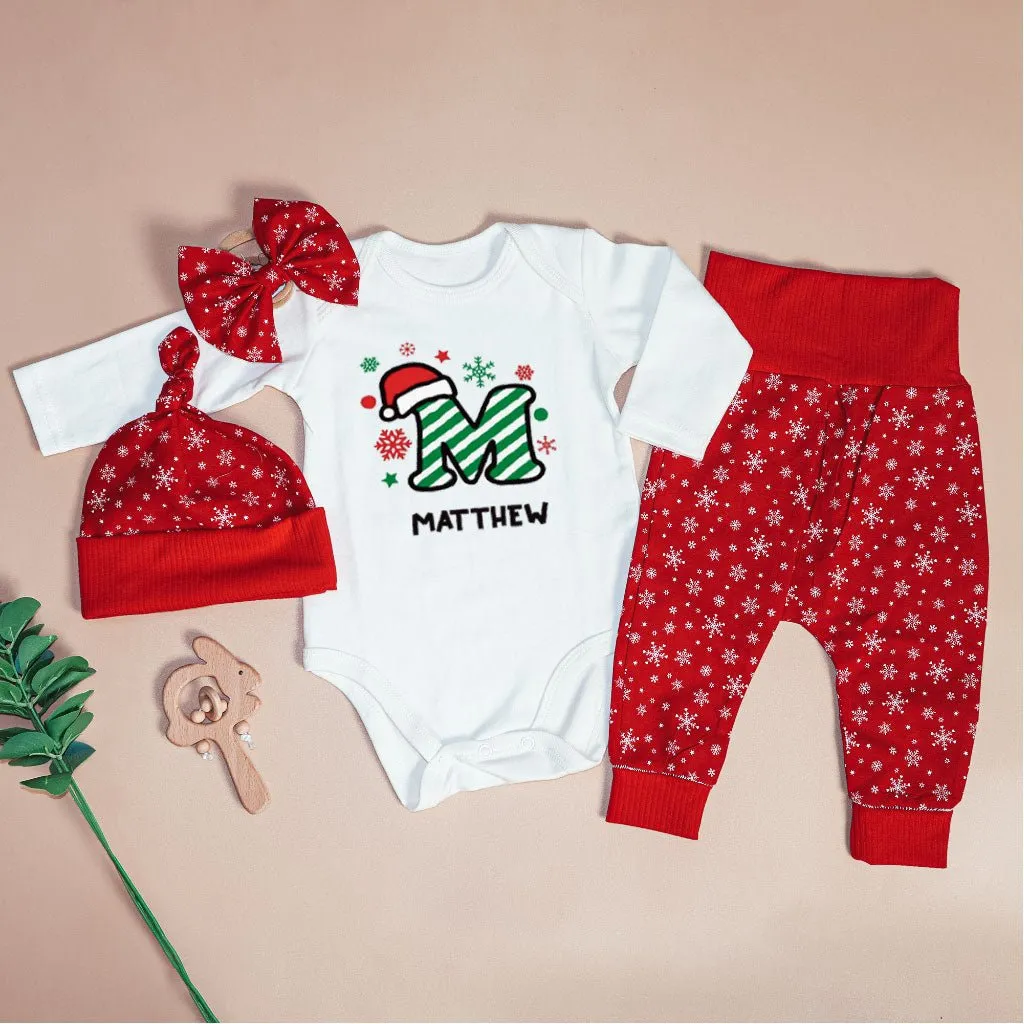 Personalized Christmas Baby Boy Onesies and Long Pants Set | Custom Infant Onesie Monogram Santa Hat Candy Cane Baby Name