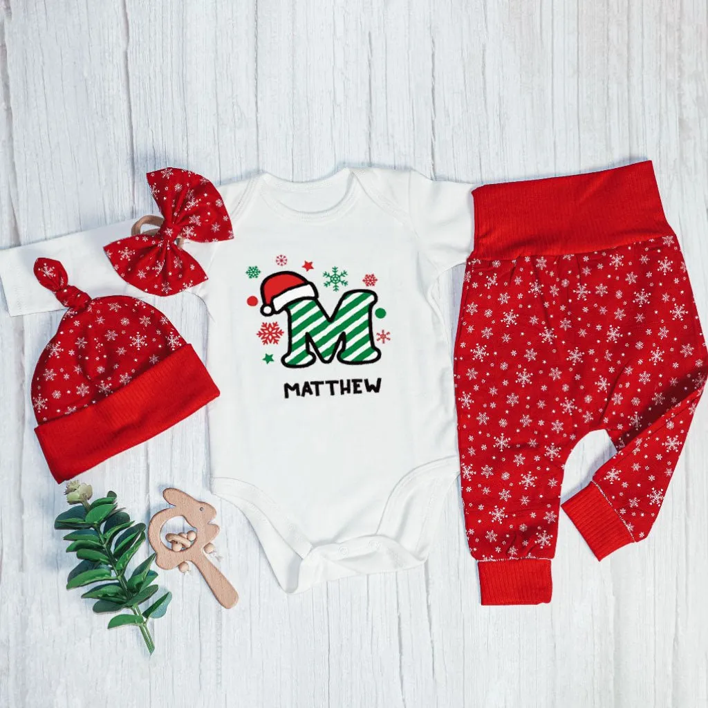 Personalized Christmas Baby Boy Onesies and Long Pants Set | Custom Infant Onesie Monogram Santa Hat Candy Cane Baby Name