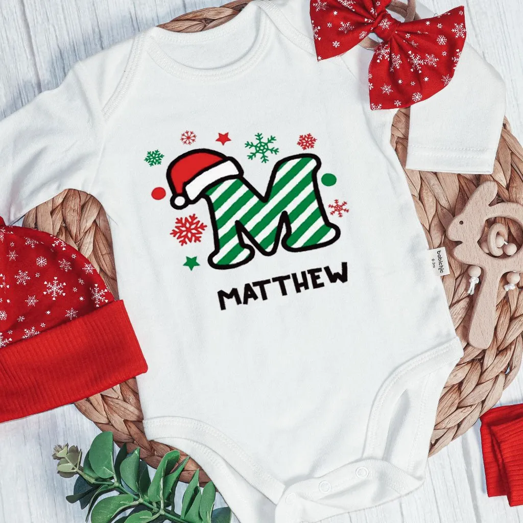 Personalized Christmas Baby Boy Onesies and Long Pants Set | Custom Infant Onesie Monogram Santa Hat Candy Cane Baby Name