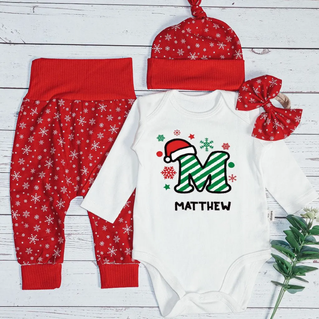 Personalized Christmas Baby Boy Onesies and Long Pants Set | Custom Infant Onesie Monogram Santa Hat Candy Cane Baby Name
