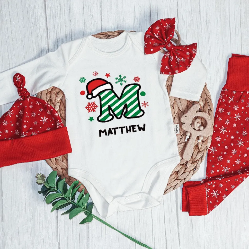 Personalized Christmas Baby Boy Onesies and Long Pants Set | Custom Infant Onesie Monogram Santa Hat Candy Cane Baby Name