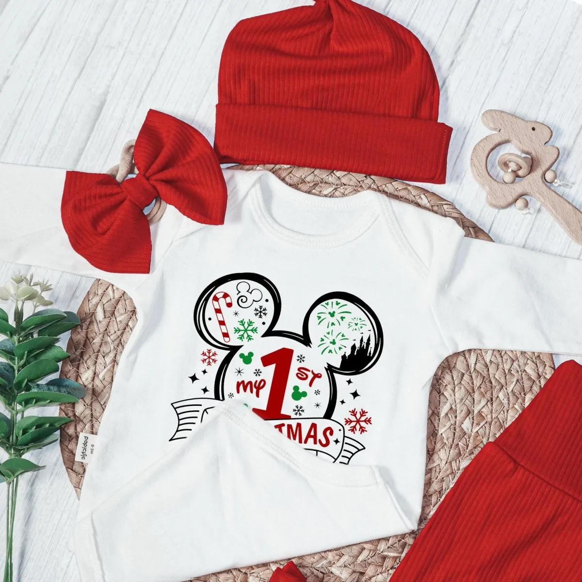 Personalized Christmas Baby Girl Onesies and Long Pants Set | White Long Sleeve Bodysuit Disney Christmas Trip Baby Name