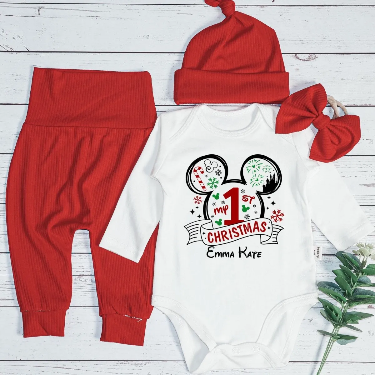 Personalized Christmas Baby Girl Onesies and Long Pants Set | White Long Sleeve Bodysuit Disney Christmas Trip Baby Name