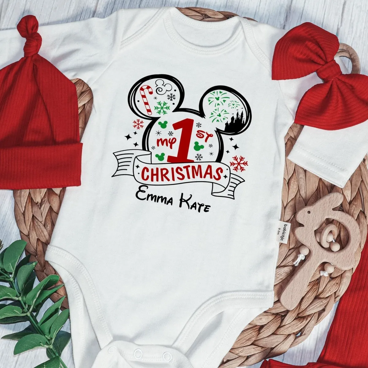 Personalized Christmas Baby Girl Onesies and Long Pants Set | White Long Sleeve Bodysuit Disney Christmas Trip Baby Name