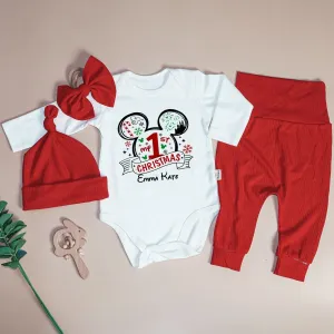 Personalized Christmas Baby Girl Onesies and Long Pants Set | White Long Sleeve Bodysuit Disney Christmas Trip Baby Name
