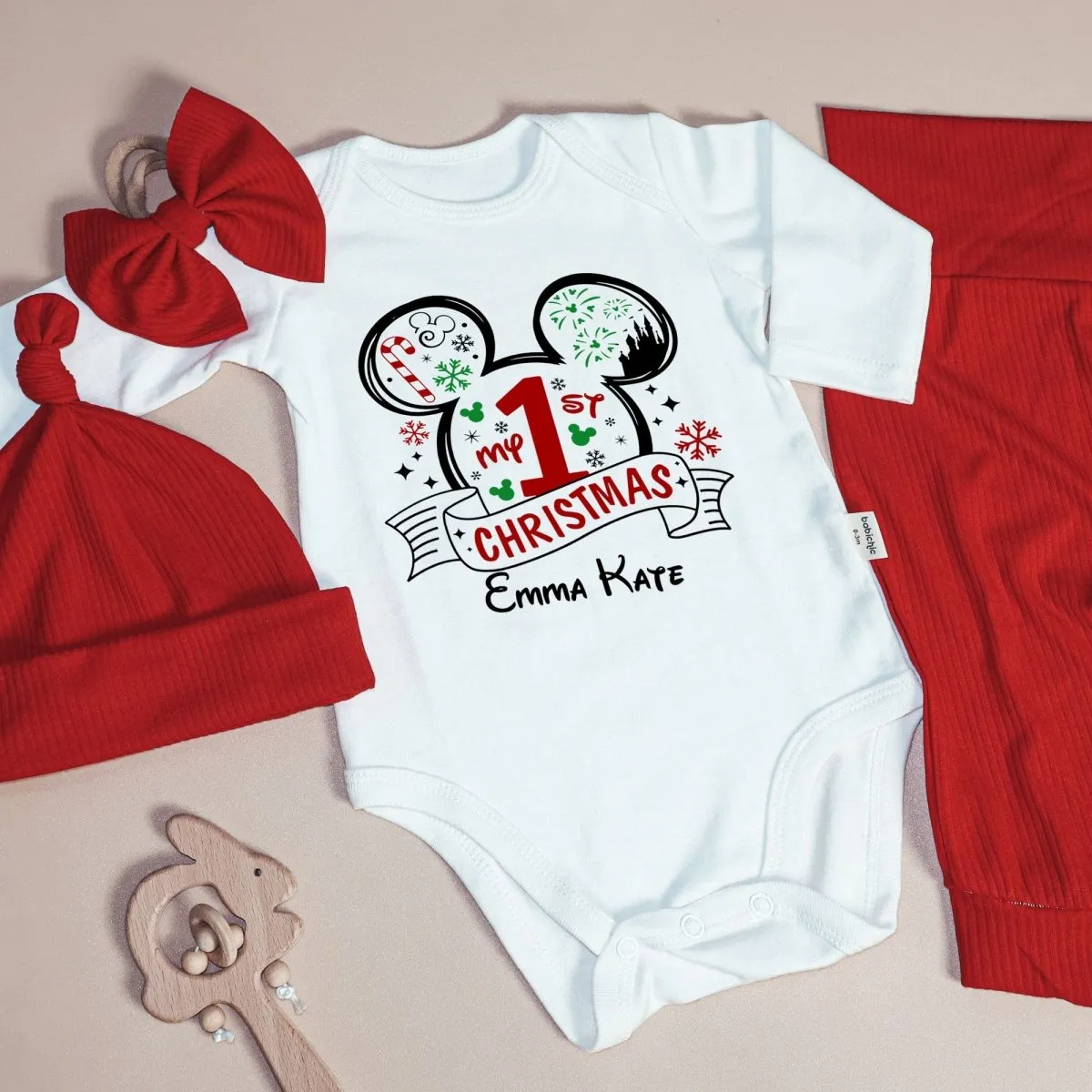 Personalized Christmas Baby Girl Onesies and Long Pants Set | White Long Sleeve Bodysuit Disney Christmas Trip Baby Name