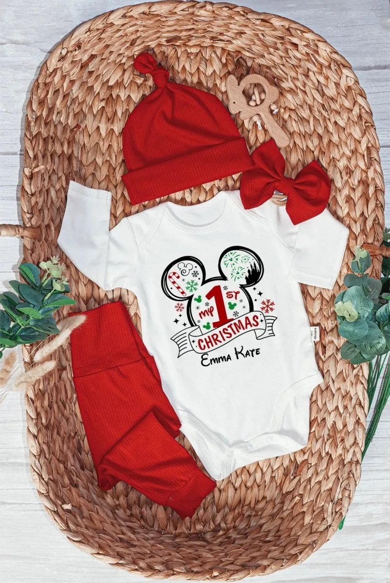 Personalized Christmas Baby Girl Onesies and Long Pants Set | White Long Sleeve Bodysuit Disney Christmas Trip Baby Name