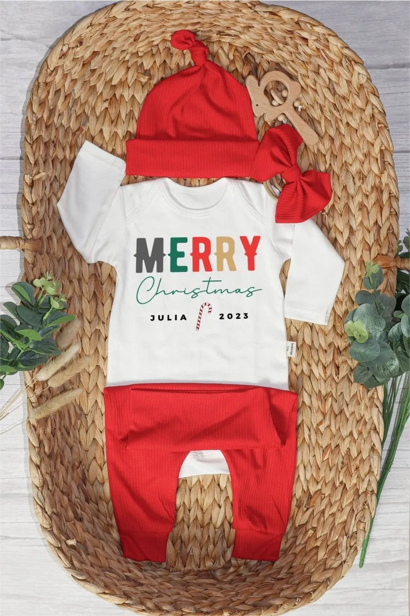 Personalized Christmas Merry Christmas Shitter's Full Baby Onesie and Long Pants Set | Baby's First Christmas Bodysuit