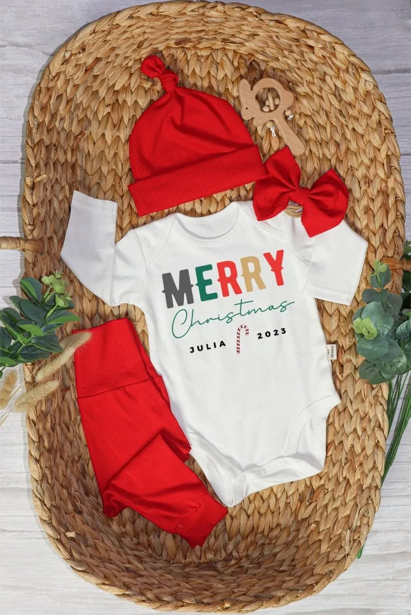 Personalized Christmas Merry Christmas Shitter's Full Baby Onesie and Long Pants Set | Baby's First Christmas Bodysuit