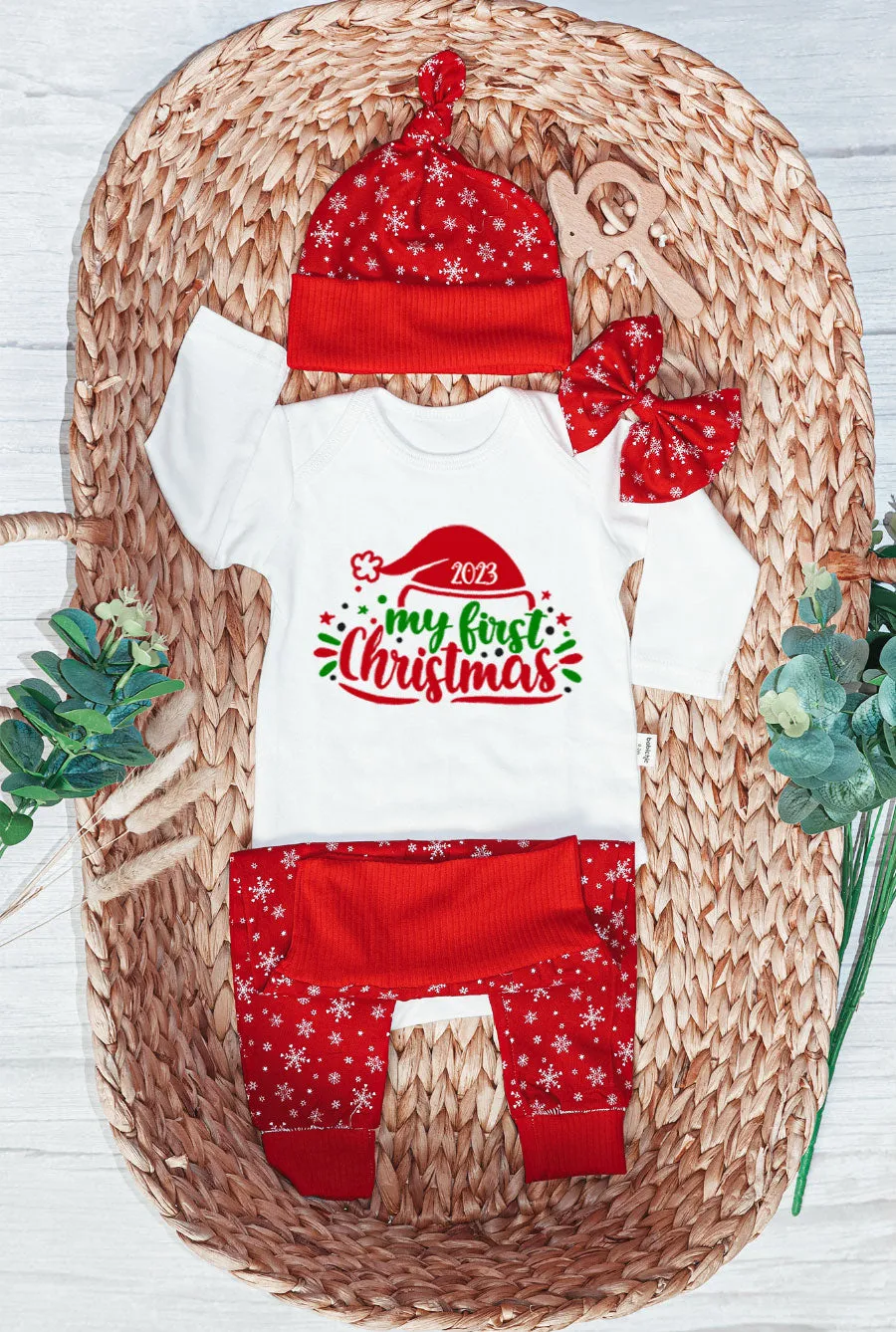 Personalized Christmas Neutral Infant Onesies and Long Pants Set | White Long Sleeve Bodysuit My First Christmas Santa Hat Baby Name