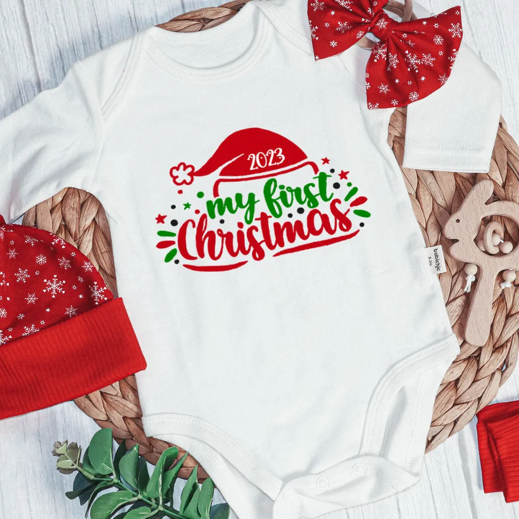 Personalized Christmas Neutral Infant Onesies and Long Pants Set | White Long Sleeve Bodysuit My First Christmas Santa Hat Baby Name