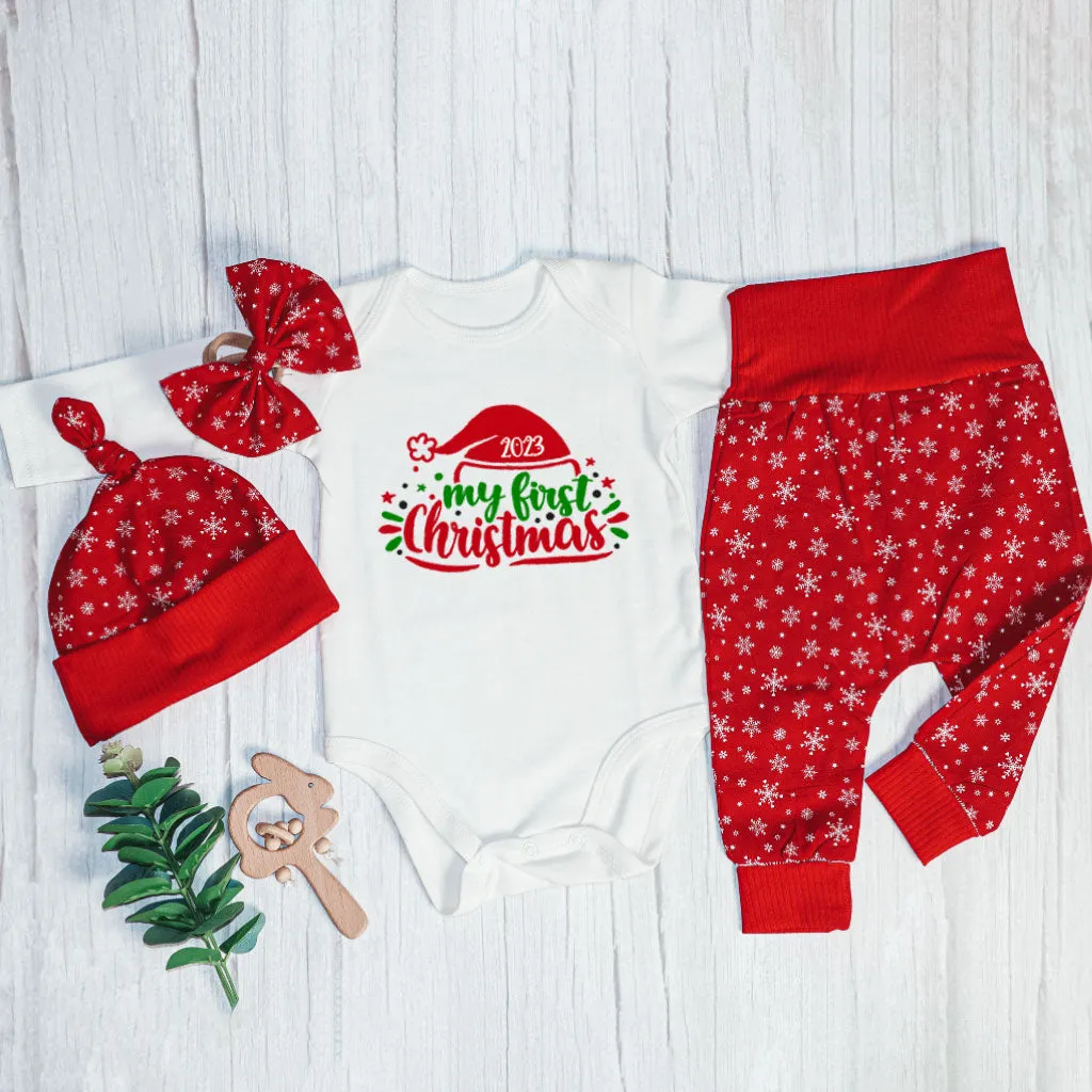 Personalized Christmas Neutral Infant Onesies and Long Pants Set | White Long Sleeve Bodysuit My First Christmas Santa Hat Baby Name