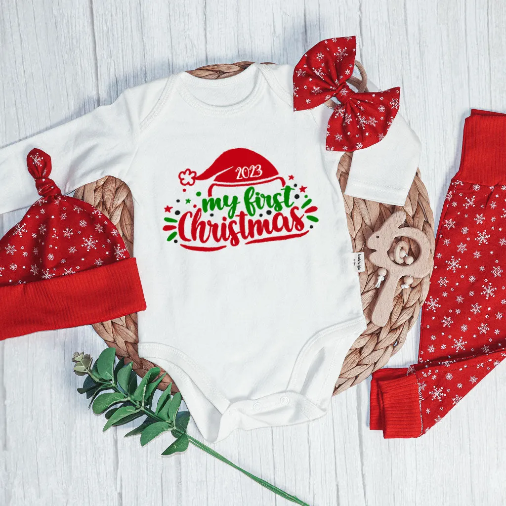 Personalized Christmas Neutral Infant Onesies and Long Pants Set | White Long Sleeve Bodysuit My First Christmas Santa Hat Baby Name