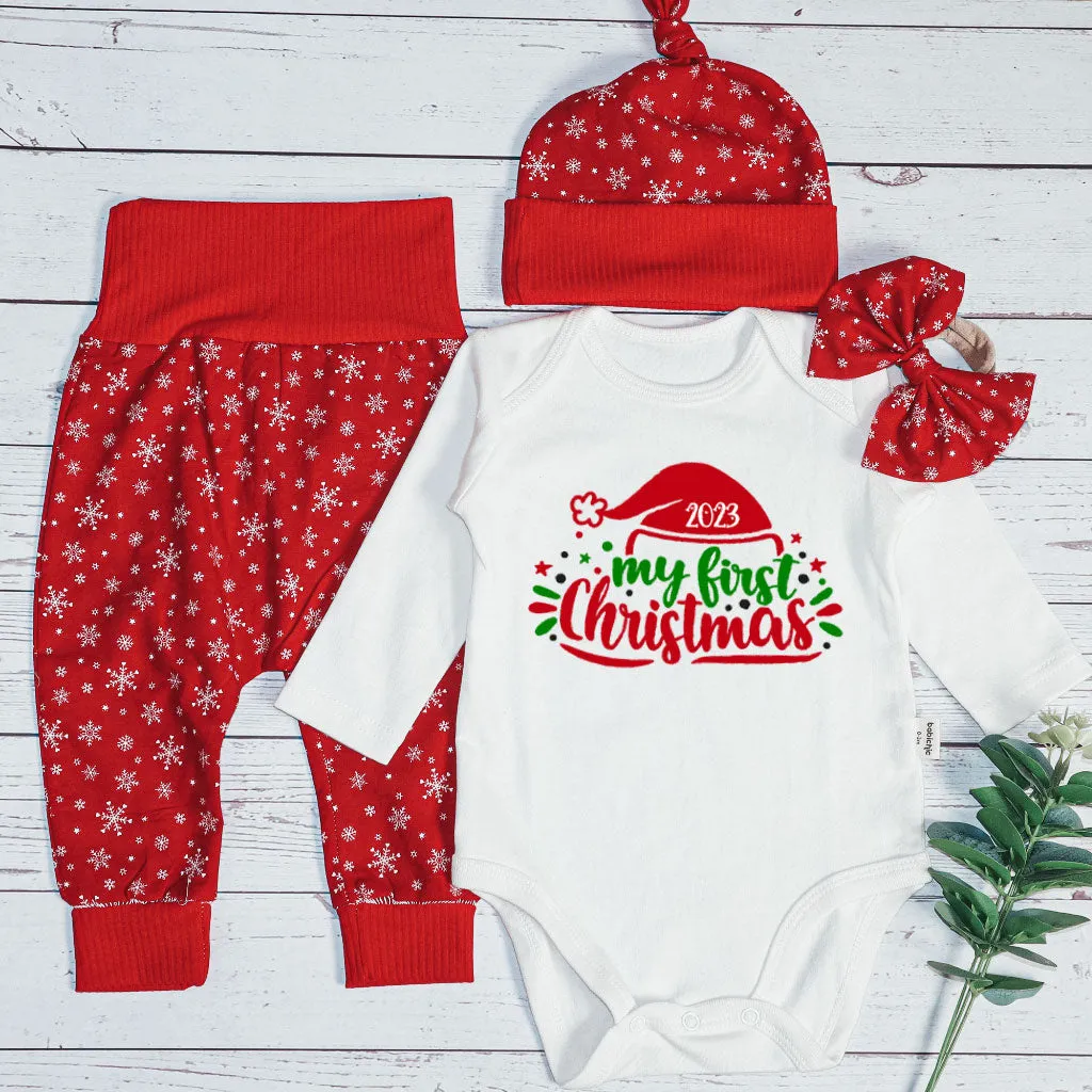 Personalized Christmas Neutral Infant Onesies and Long Pants Set | White Long Sleeve Bodysuit My First Christmas Santa Hat Baby Name