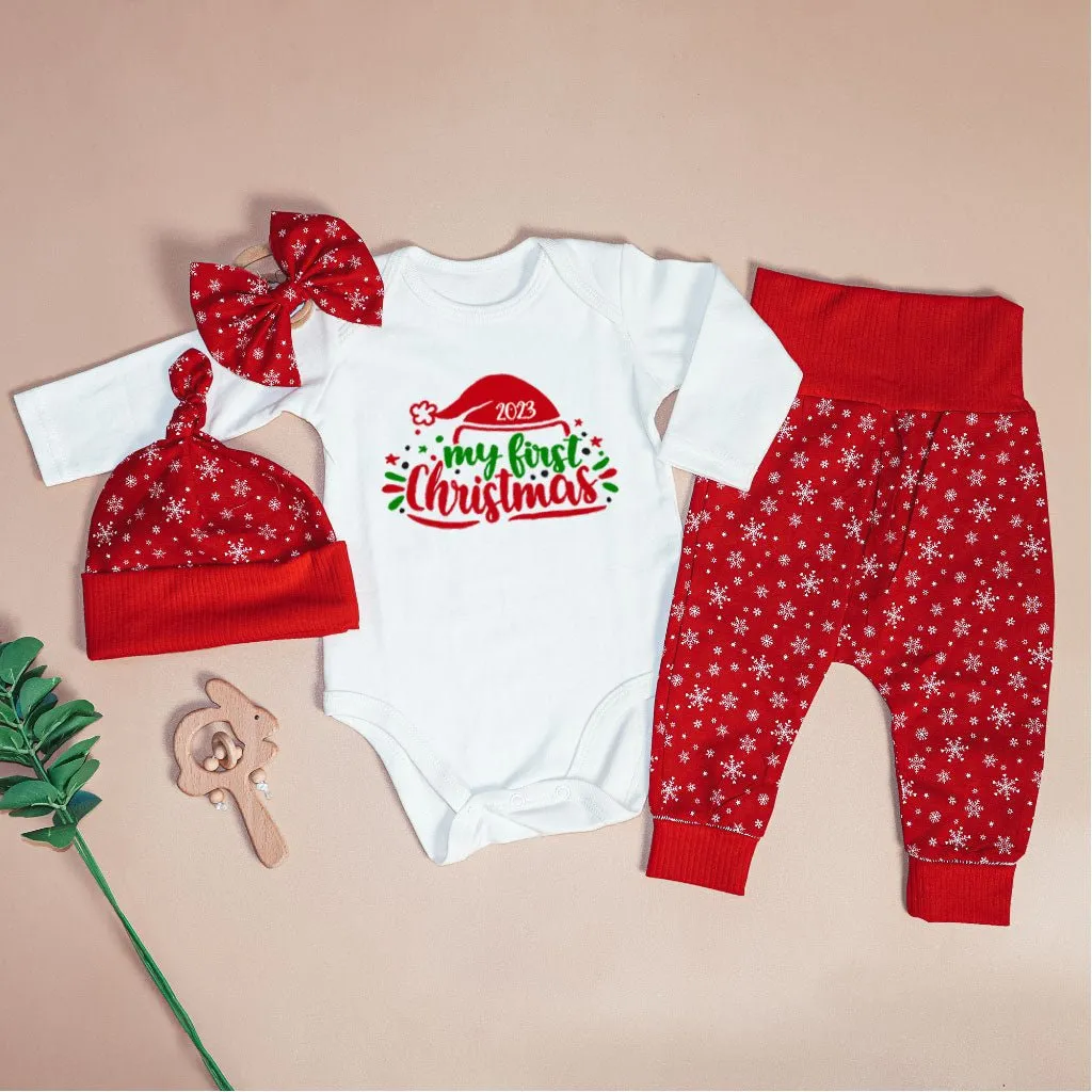 Personalized Christmas Neutral Infant Onesies and Long Pants Set | White Long Sleeve Bodysuit My First Christmas Santa Hat Baby Name